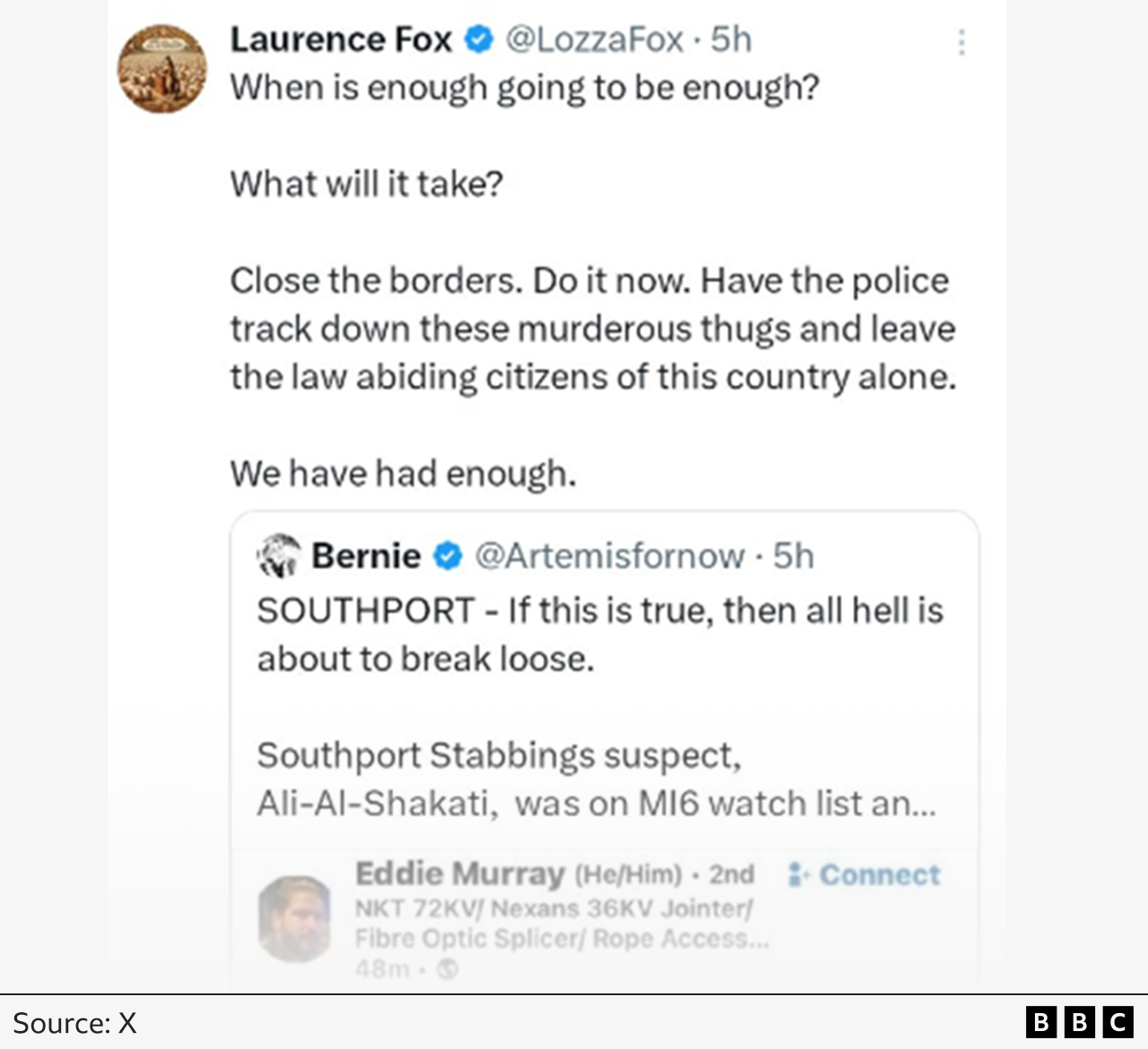 Tweet by Laurence Fox, which quote-tweets the earlier one by Bernie Spofforth. His post reads: "When is enough going to be enough? What will it take? Close the borders. Do it now. Have the police track down these murderous thugs and leave the law abiding citizens of this country alone."