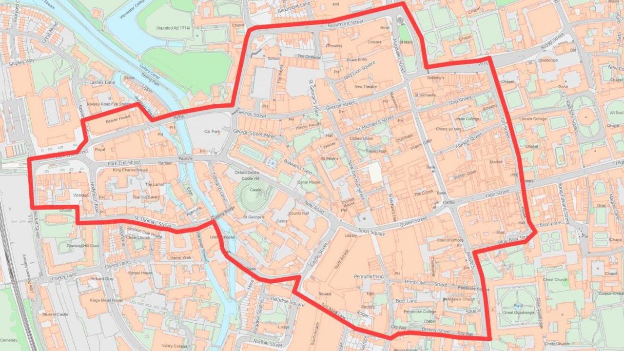 A map marking the specific areas where Section 35 will be enacted in the centre of Oxford in red.