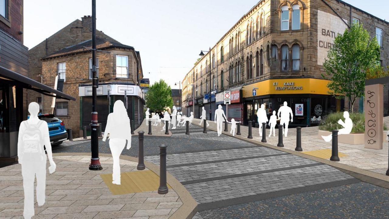 A rendering of a revamped tow centre showing pedestrianised areas and traffic calming measures 
