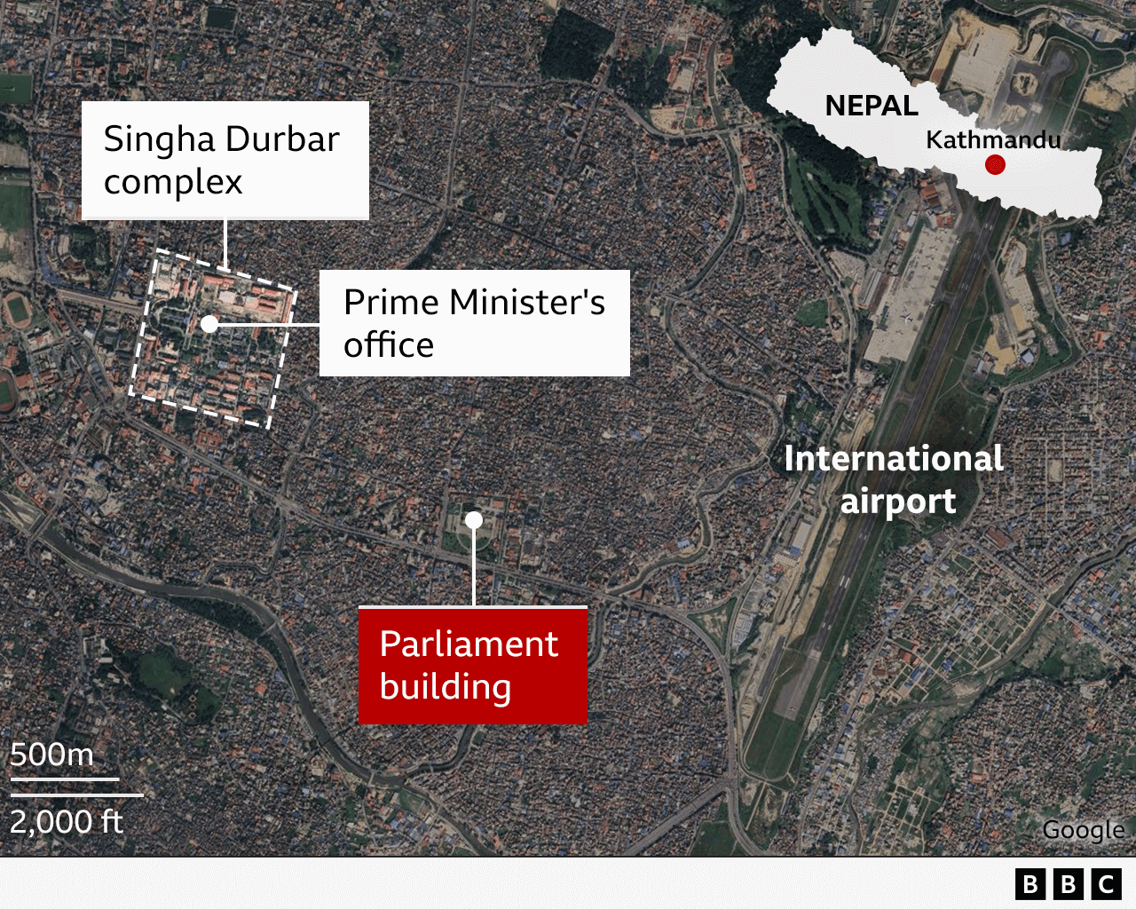 Kathmandu map showing protest sites