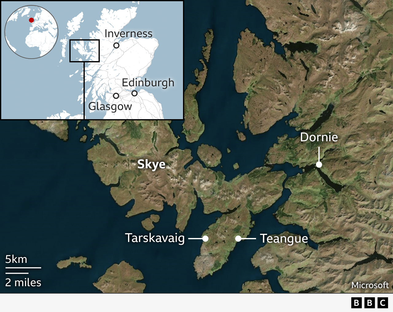 A map showing the locations of the attacks in Skye and Dornie.