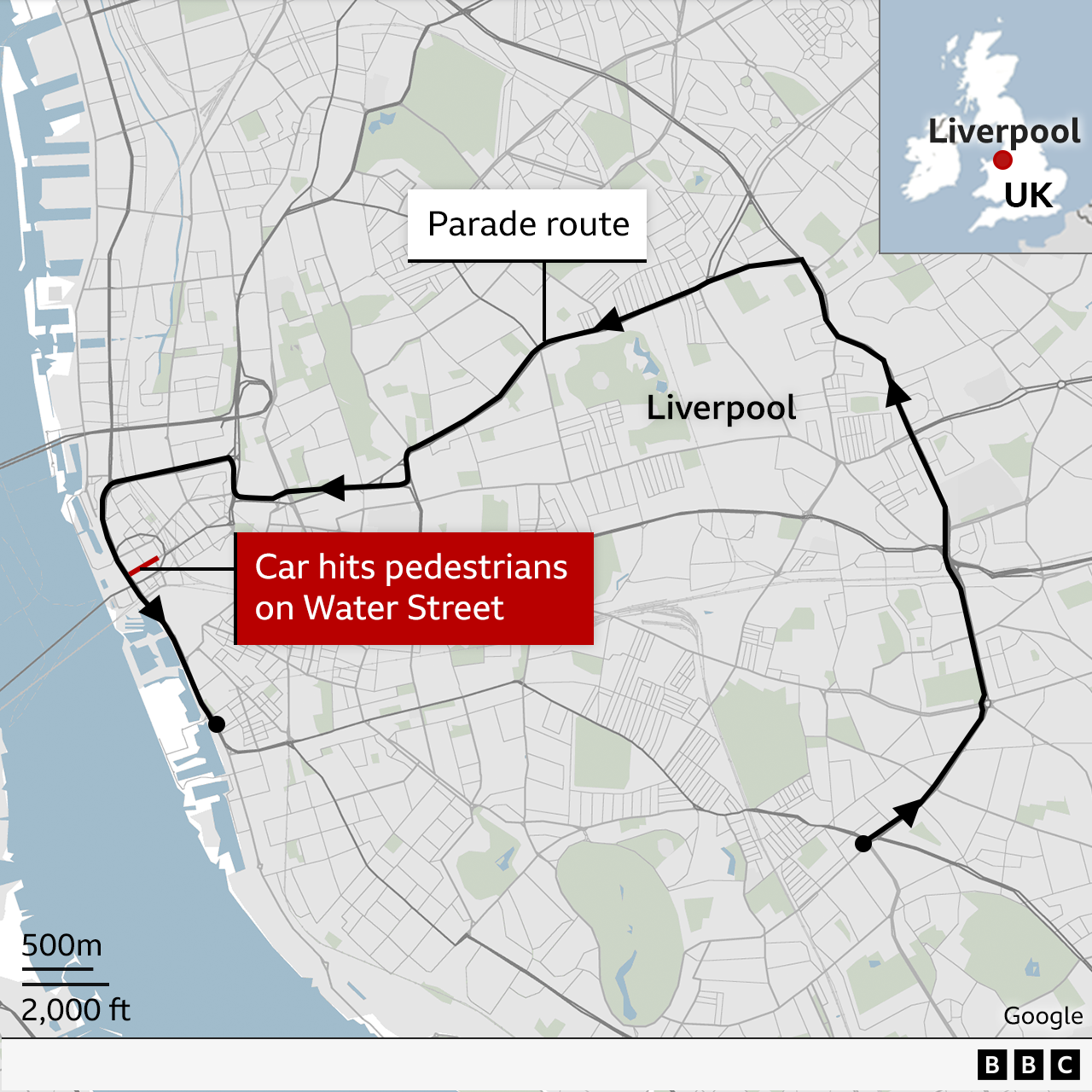 A map showing the route of the Liverpool trophy parade and where pedestrians were hit on Water Street