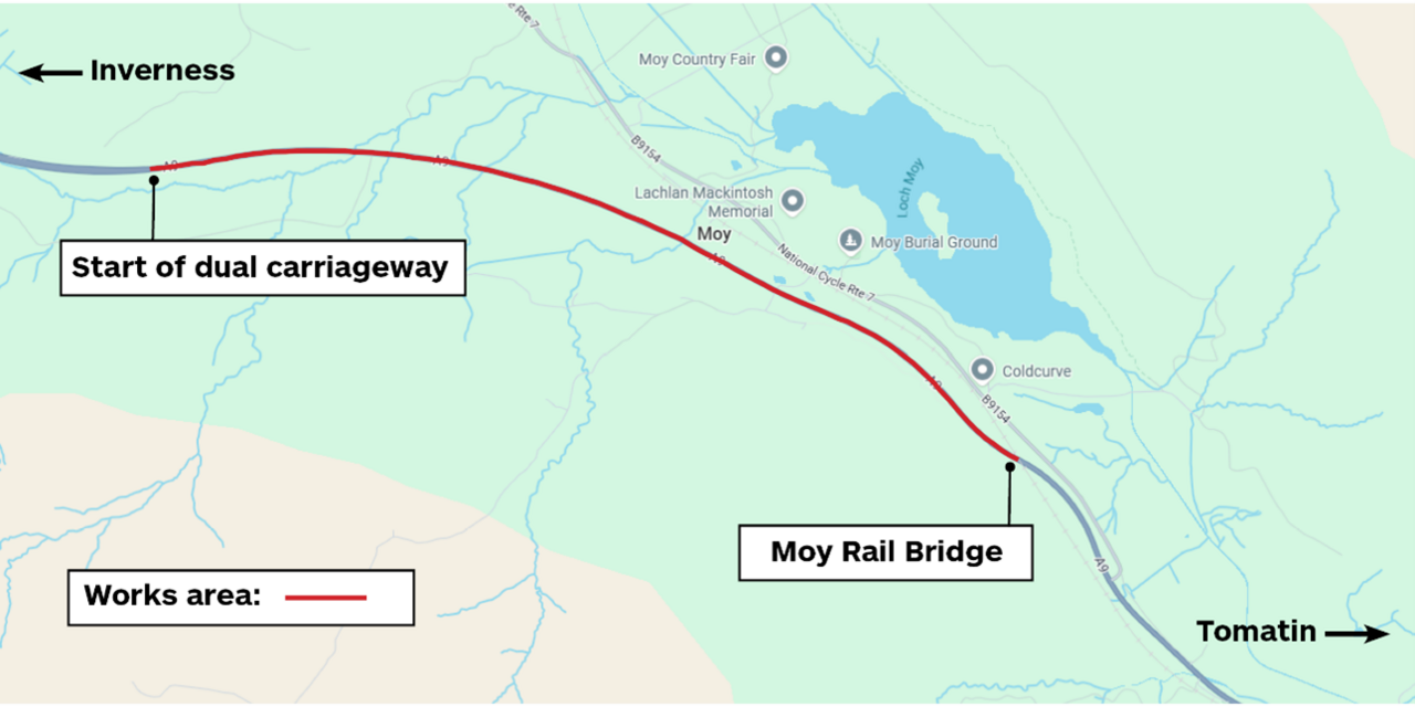 A map of a road south of Inverness going from top left to bottom right of the picture. An area is coloured in red where the traffic controls will be in place