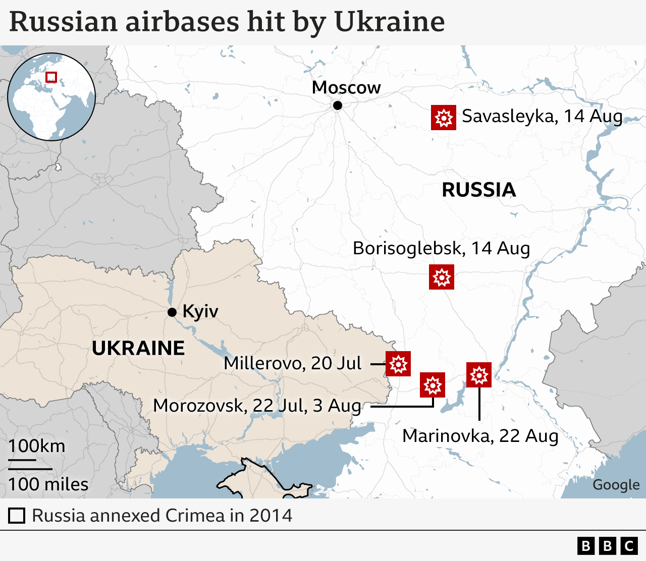 Map of Russian airbases hit by Ukraine.