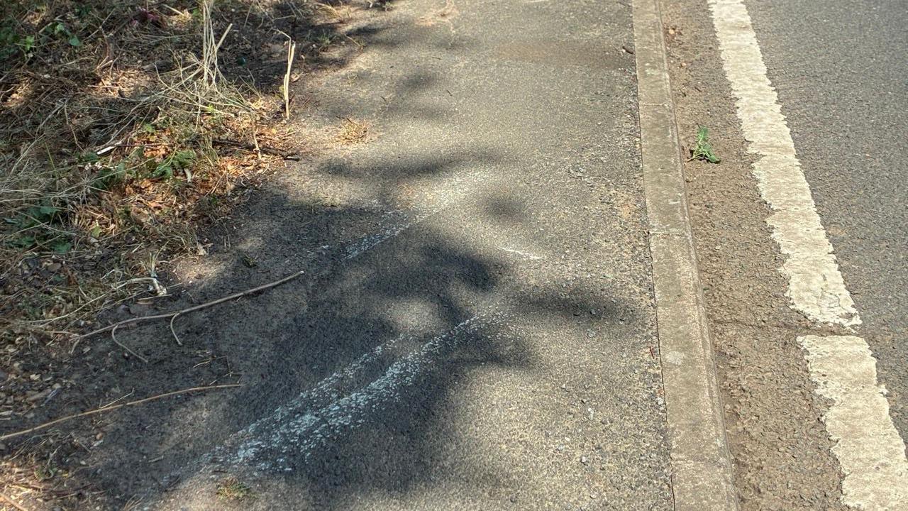 Skid marks on a pavement, next to a single white line on one side of them, a grass verge on the other.