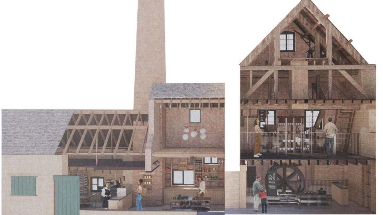 A computer generated image of a cross section of what the Old Mill will look like from the inside. There is a coffee shop and deli on the left in the lower part of the building, and a museum and gift shop on the right, taller part of the building over three storeys