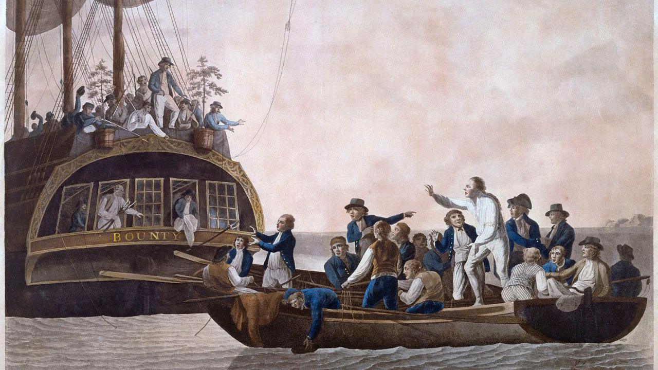 A painting depicting the historical mutiny of HMS Bounty. Men can be seen adrift on a small boat while others can be seen looking down at them from HMS Bounty.