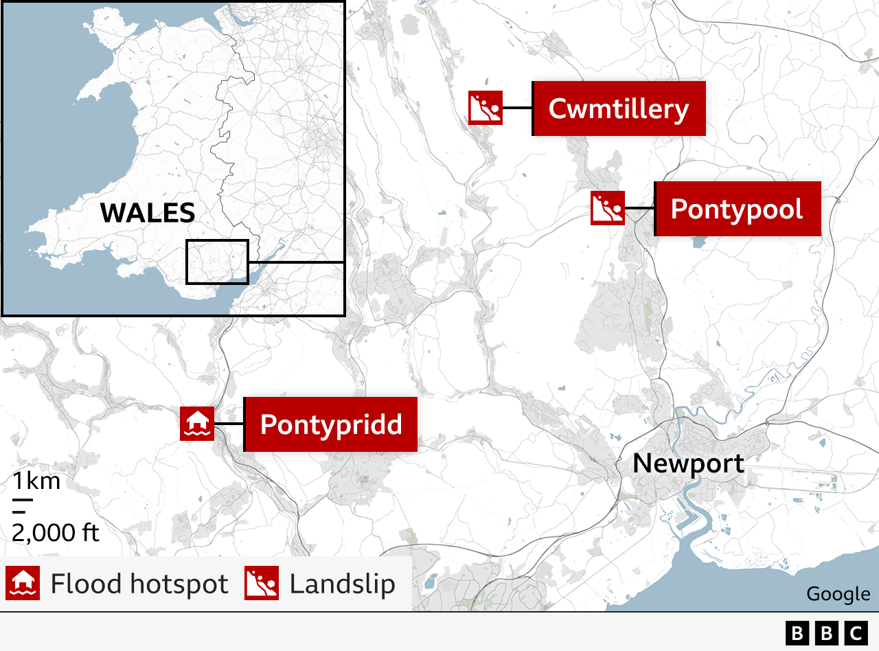 Map showing where the flooding is in Wales. On the left there is a smaller map which shows Wales, and the bigger map highlights Pontypridd, Cwmtillery and Pontypool. It shows that in Pontypridd it is a flood hotspot, while Pontypool and Cwmtillery are landslips.