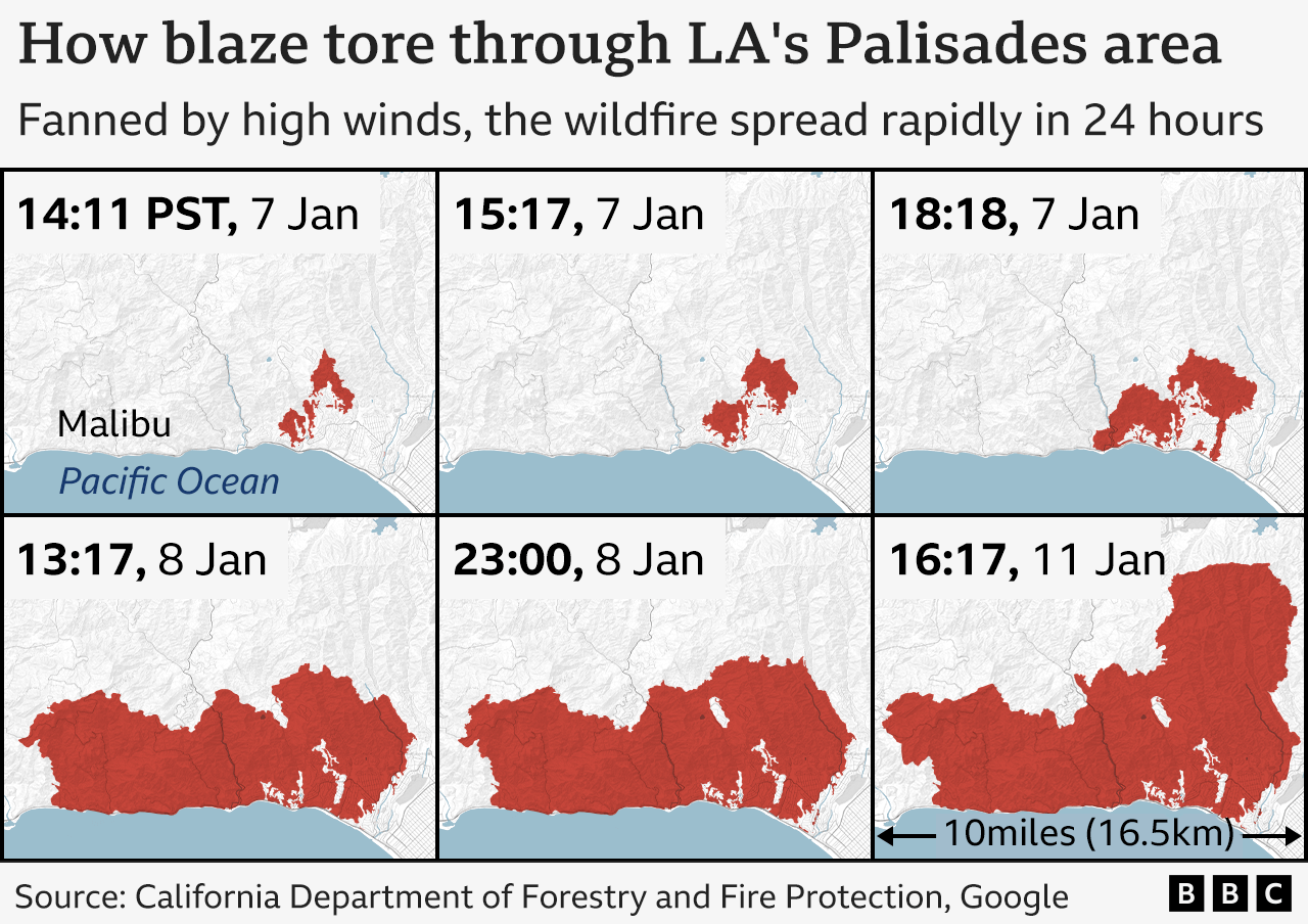 A graphic shows the rapid spread of the Palisades fire in Los Angeles, which burnt an area 10 miles (16.5km) wide in a matter of days from 7 to 11 January