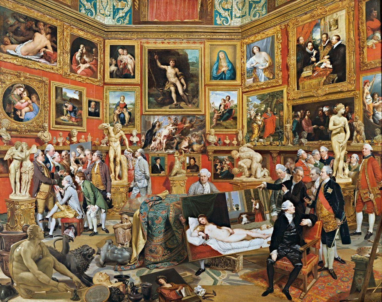 The Tribuna of the Uffizi by Johan Zoffany, showing a crowded gallery filled with paintings, sculptures and art collectors examining works of art.