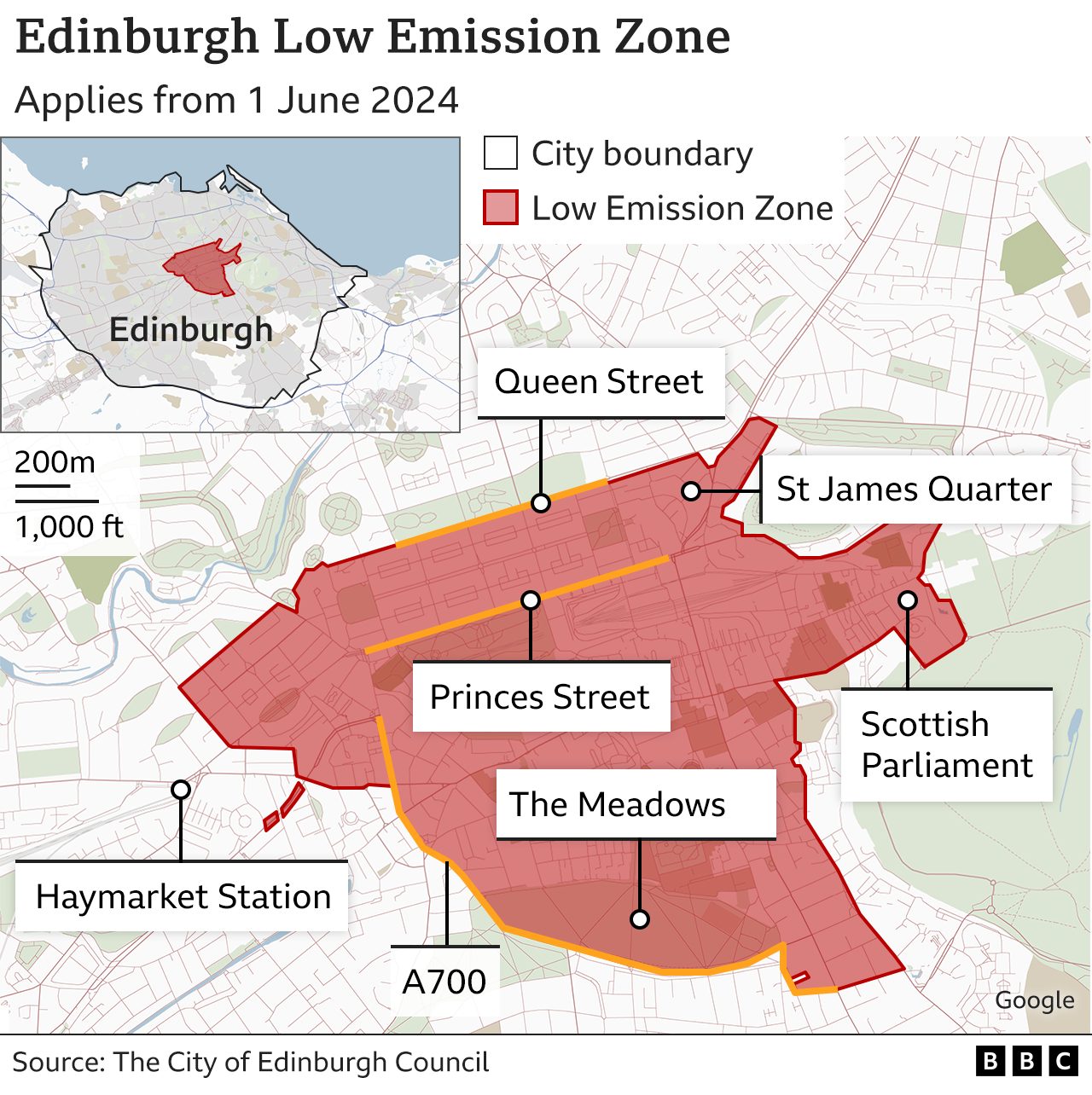 Map of Edinburgh's low emission zones