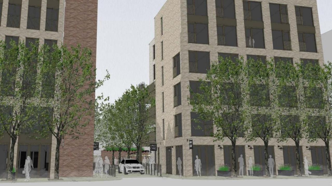 Artist impressions of the two new blocks of co-living apartments that will replace Asset House on Penarth Road, Cardiff. The high-rise apartment blocks are light brick with a grid of large windows, and with a row of trees in front of them. 