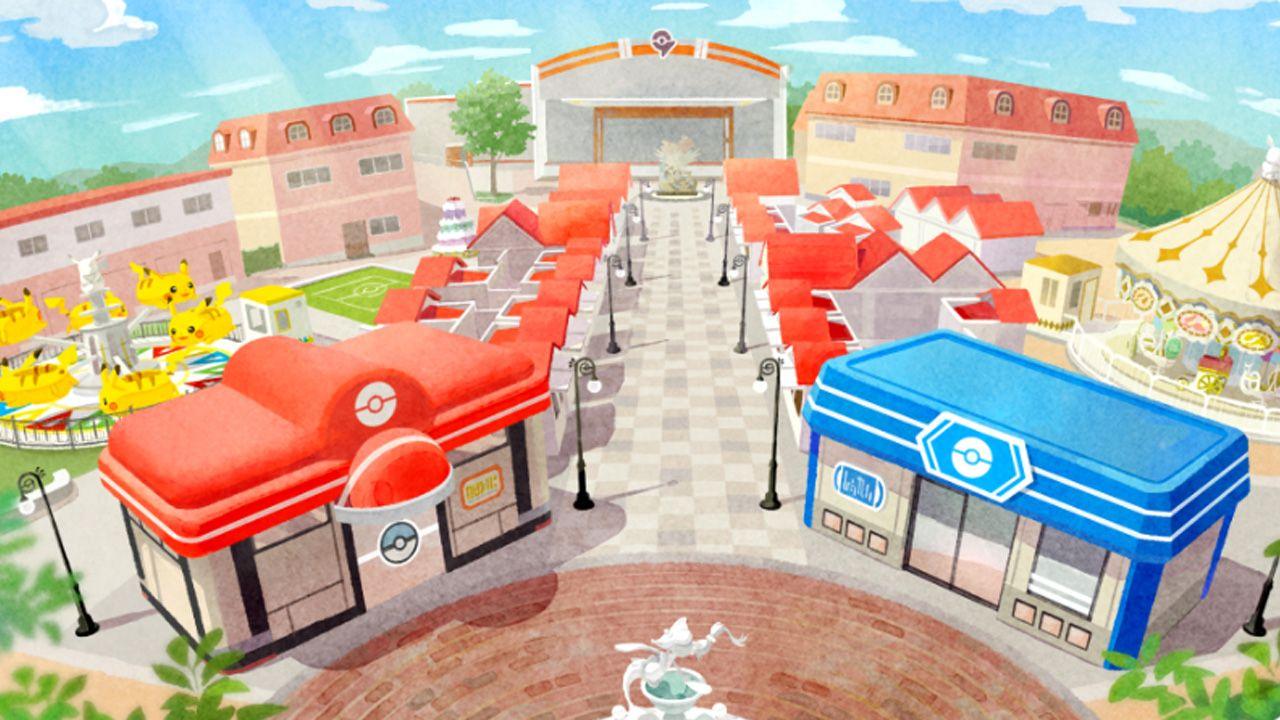 A drawing of what Sedge town will look like, with a pokemon centre and mart, two rides and a fountain.