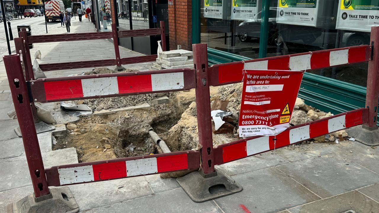 A pavement in Colchester High Street which has been dug up by UK Power Networks