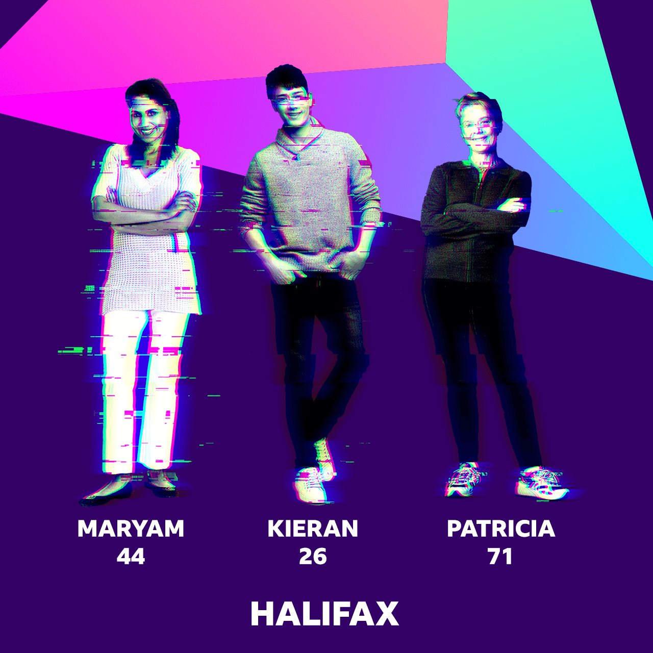 A graphic showing three Undercover Voters characters: Maryam, a 44-year-old, woman, Kieran, a 26-year-old man, and Patricia, a 71-year-old woman