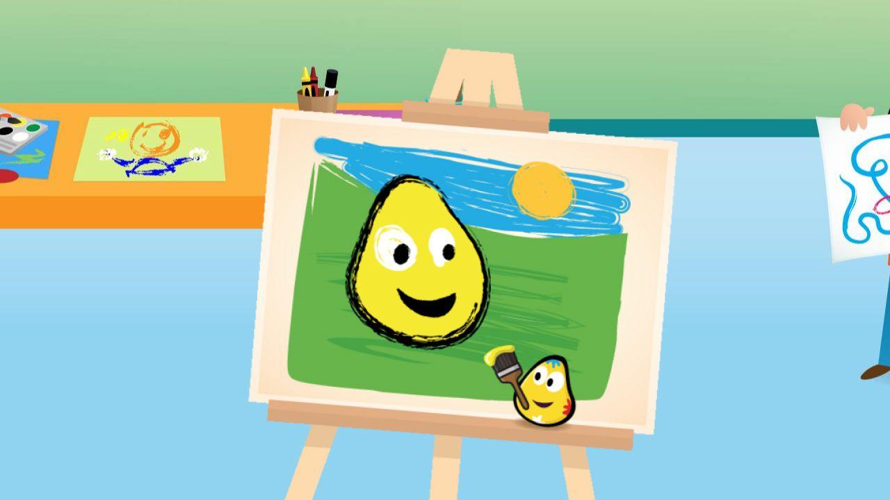 a cbeebies bug holding a paintbrush, painting a picture of a cbeebies bug