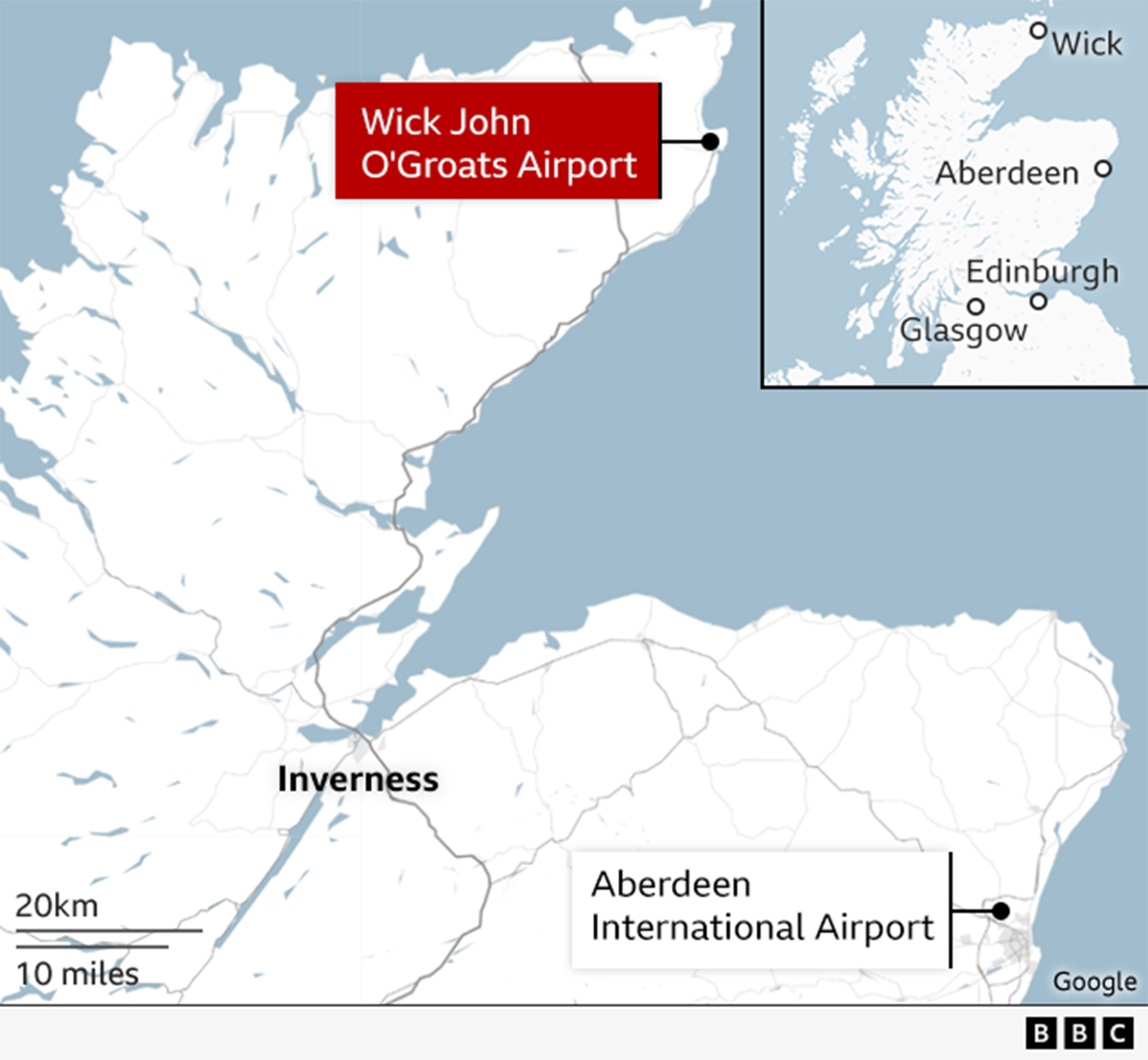 A map of Scotland showing the locations of Wick John O'Groats Airport, Aberdeen International Airport. A smaller map shows the locations of Wick, Aberdeen, Edinburgh and Glasgow.