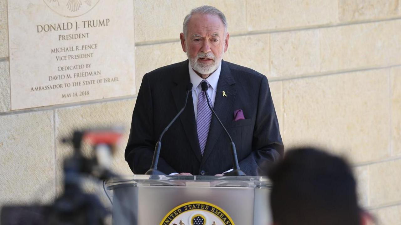US Ambassador to Israel Mike Huckabee addresses a news conference at the US embassy in Jerusalem (9 May 2025)
