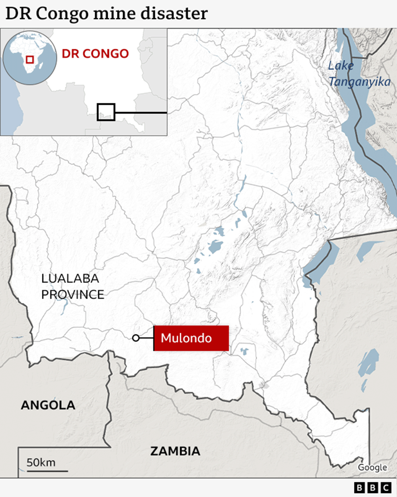 A map showing the location of Mulondo, in relation to the rest of DR Congo