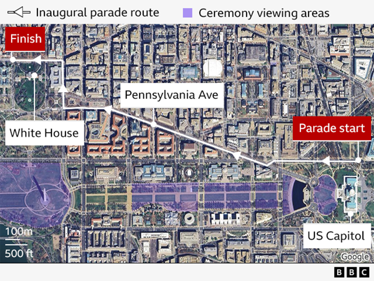 Annotated satellite image shows key landmarks for the inauguration in Washington. Buildings marked are the US Capitol and the White House - and the road linking them which will be used for the procession route, Pennsylvania Avenue