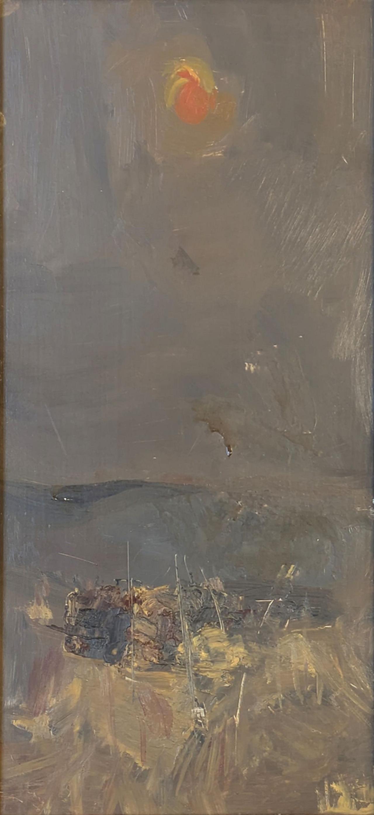 Muted, atmospheric landscape painting with a hazy grey sky and a glowing red-yellow sun near the top. Loose, expressive brushstrokes suggest a low horizon with rough grasses or scrub in the foreground and distant land fading into mist.