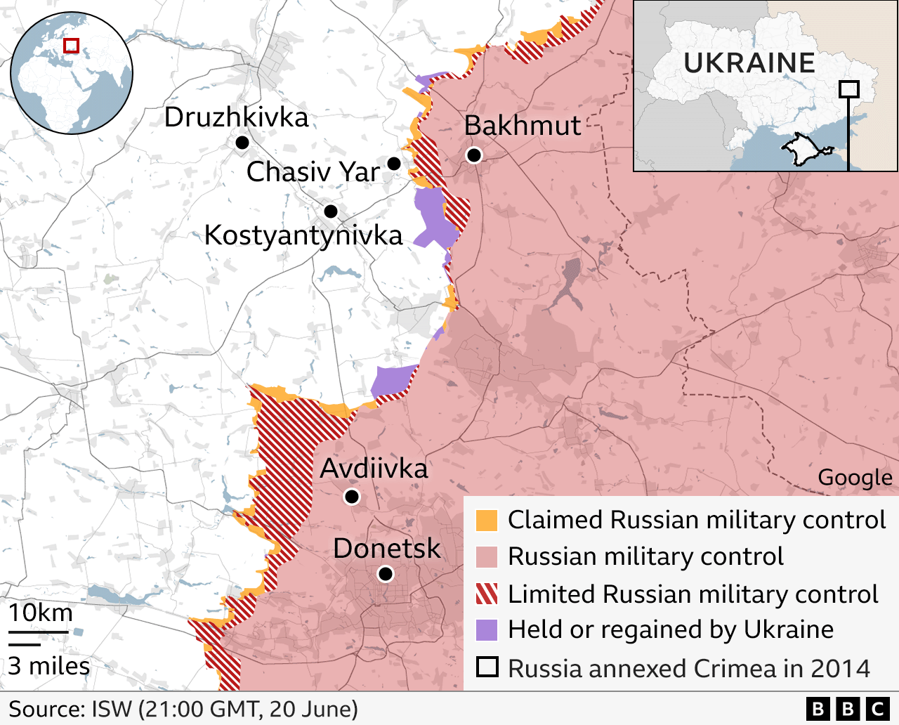 A map showing areas of eastern Ukraine and who controls them