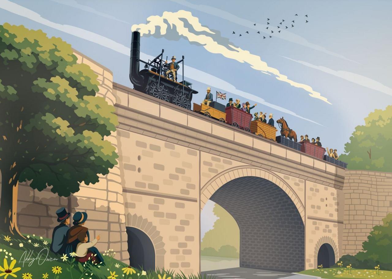A colourful illustration depicting a large black steam engine pulling a train of wagons over a stone bridge. People can be seen in tall hats and costumes waving from the wagons