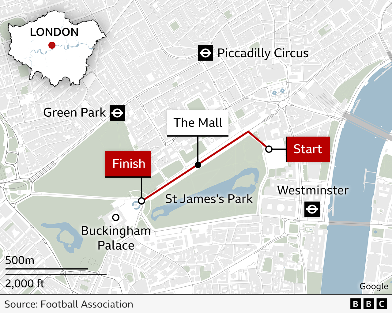 Map showing the route of the parade in central London along The Mall next to St James's Park to Buckingham Palace