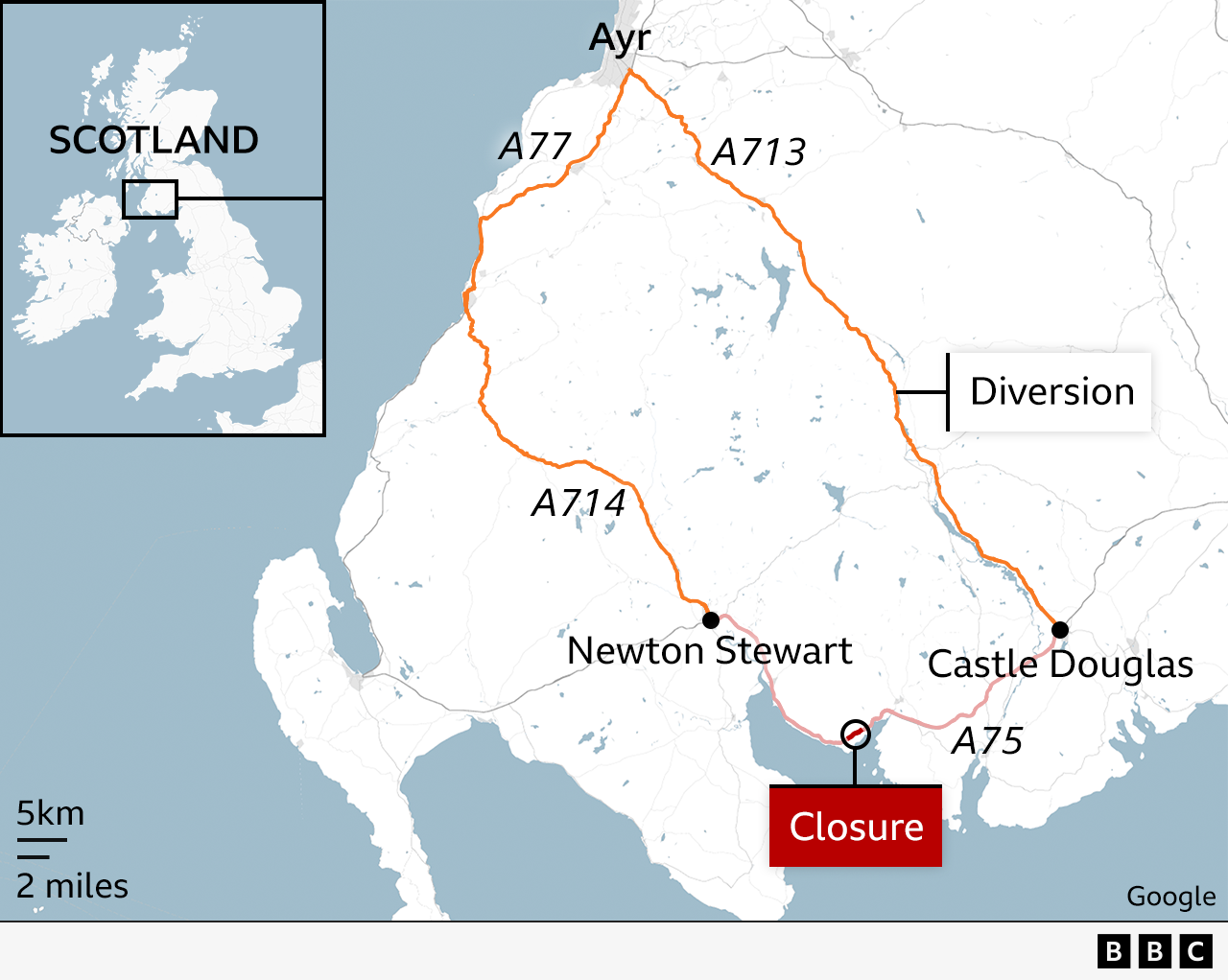 A map of a road closure in Dumfries and Galloway showing the alternative route between Newton Stewart and Castle Douglas