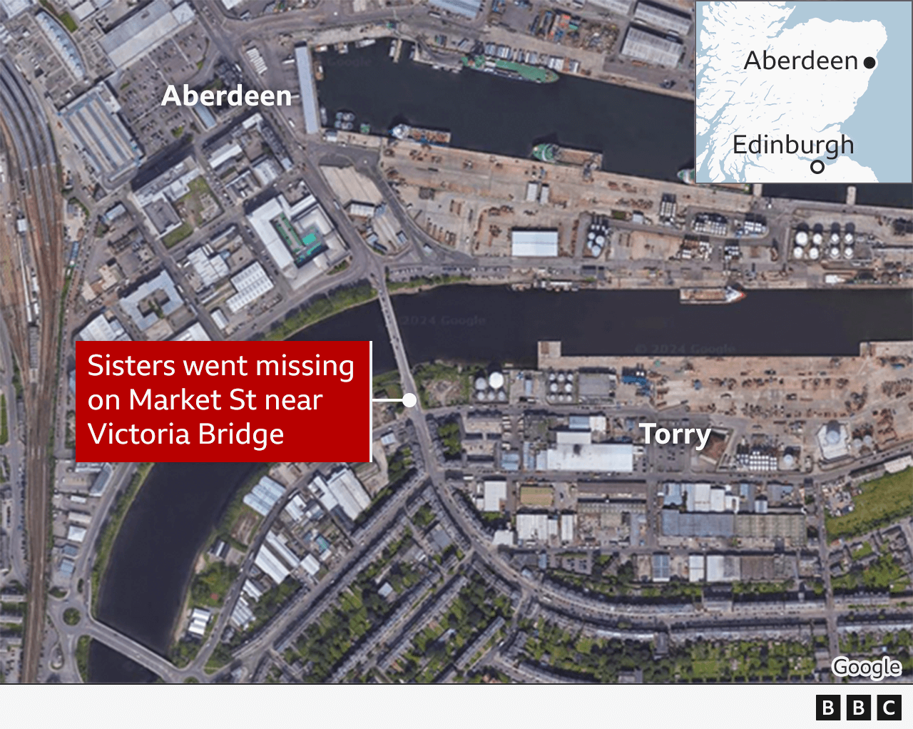 A map showing an aerial view of the area where the two sisters went missing. It shows houses, industrial buildings, streets, a river and a harbour