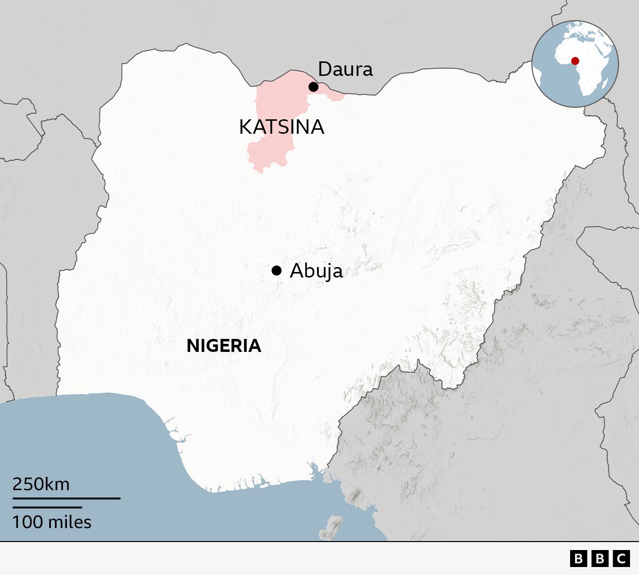 Map of Nigeria showing Katsina region highlighted and locators to mark the positions for Abuja, the capital, and Daura.