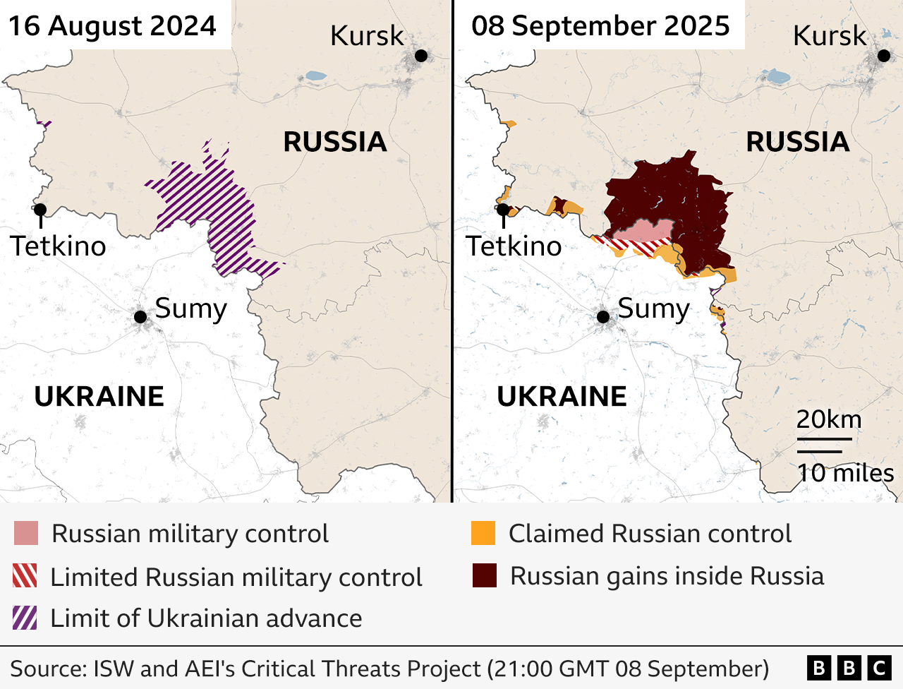 Side-by-side comparison map showing changes in territorial control just over the Russian border between Russia and Ukraine from 16 August 2024 to 8 September 2025.
Left map (2024): Limit of Ukrainian advances are marked with purple stripes
Right map (2025): A slightly larger area including small areas across the Ukrainian border is shaded with a bit more in yellow to show claimed Russian control.
Key towns labeled include Kursk, Tetkino, and Sumy. Source: ISW