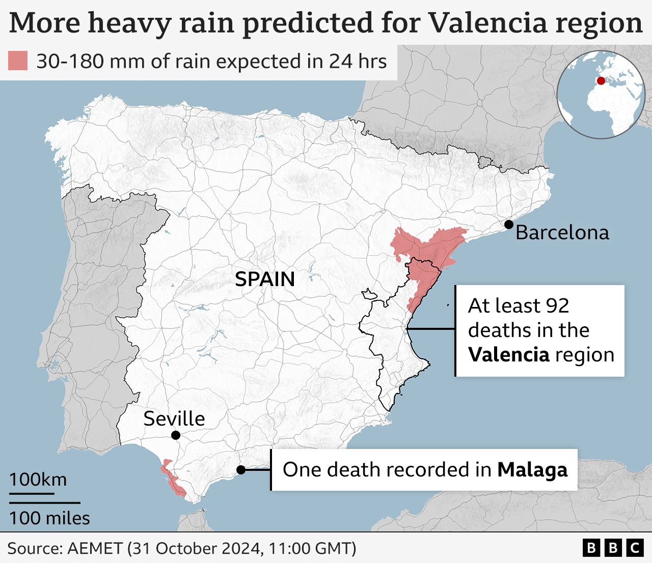 A map showing the areas of northeast Spain that are expected to receive further heavy rainfall on October 31.