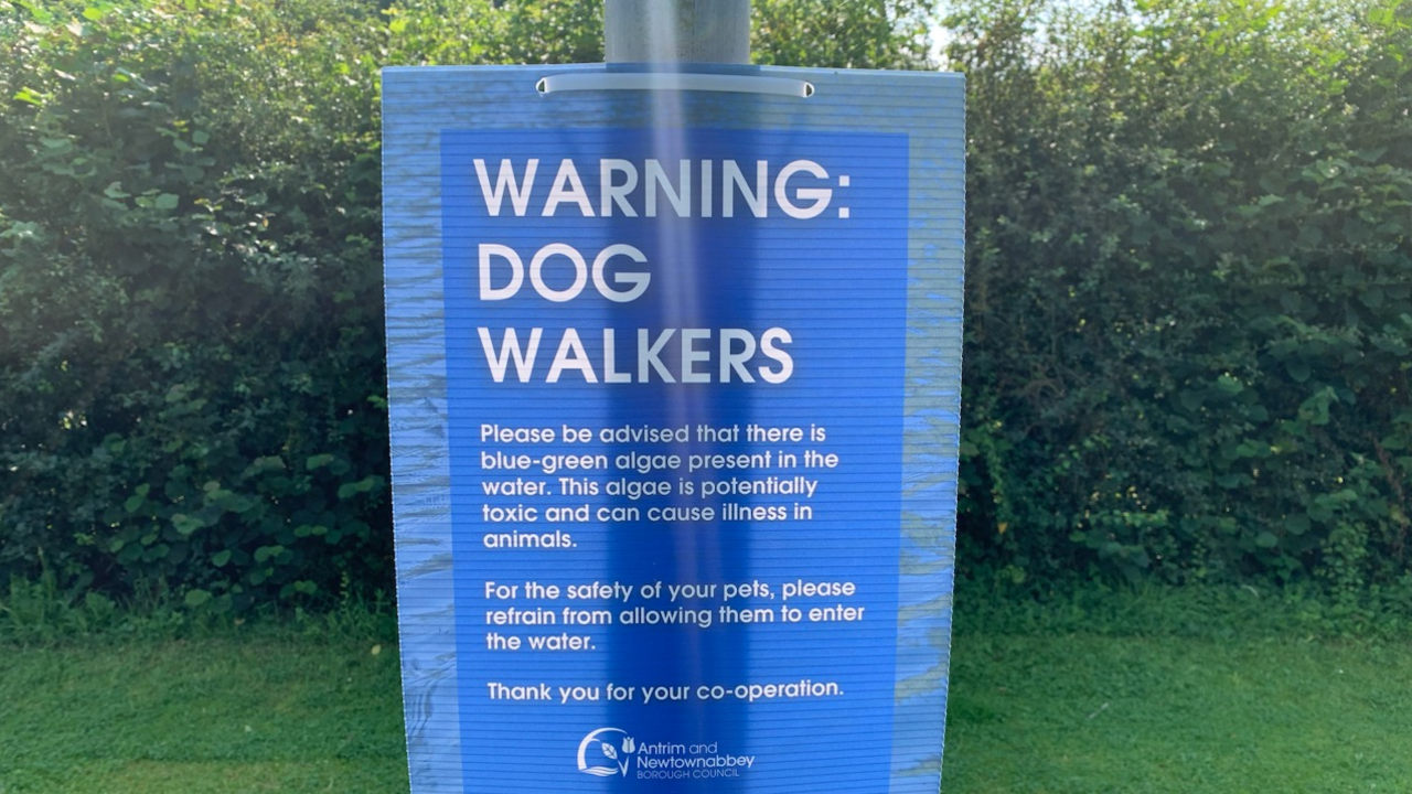 A warning sign for dog walkers to keep their animals out of the water