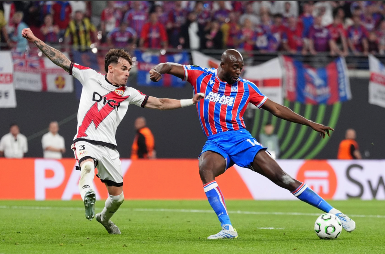 Crystal Palace's Jean-Philippe Mateta shoots at goal during the UEFA Europa Conference League Fina