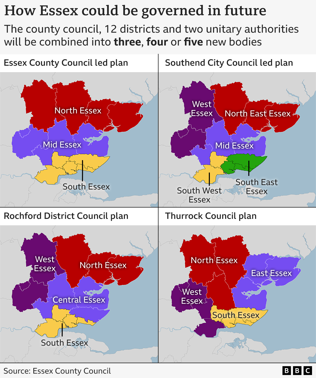 A BBC graphic image of 4 maps on what the future of local government could look like in Essex.