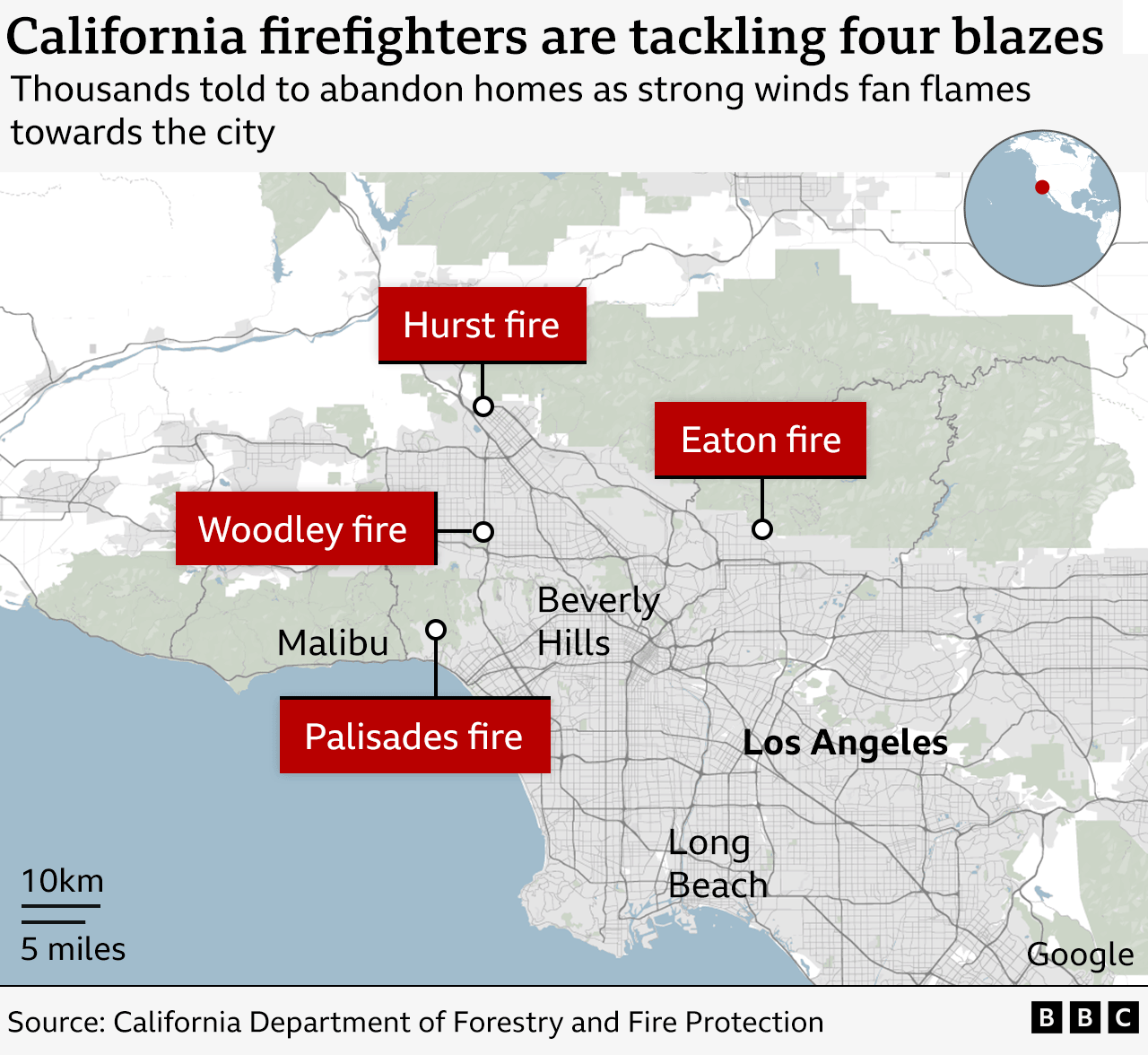 A map of Los Angeles outlining four locations of the fire to the north and west of the main part of the city,