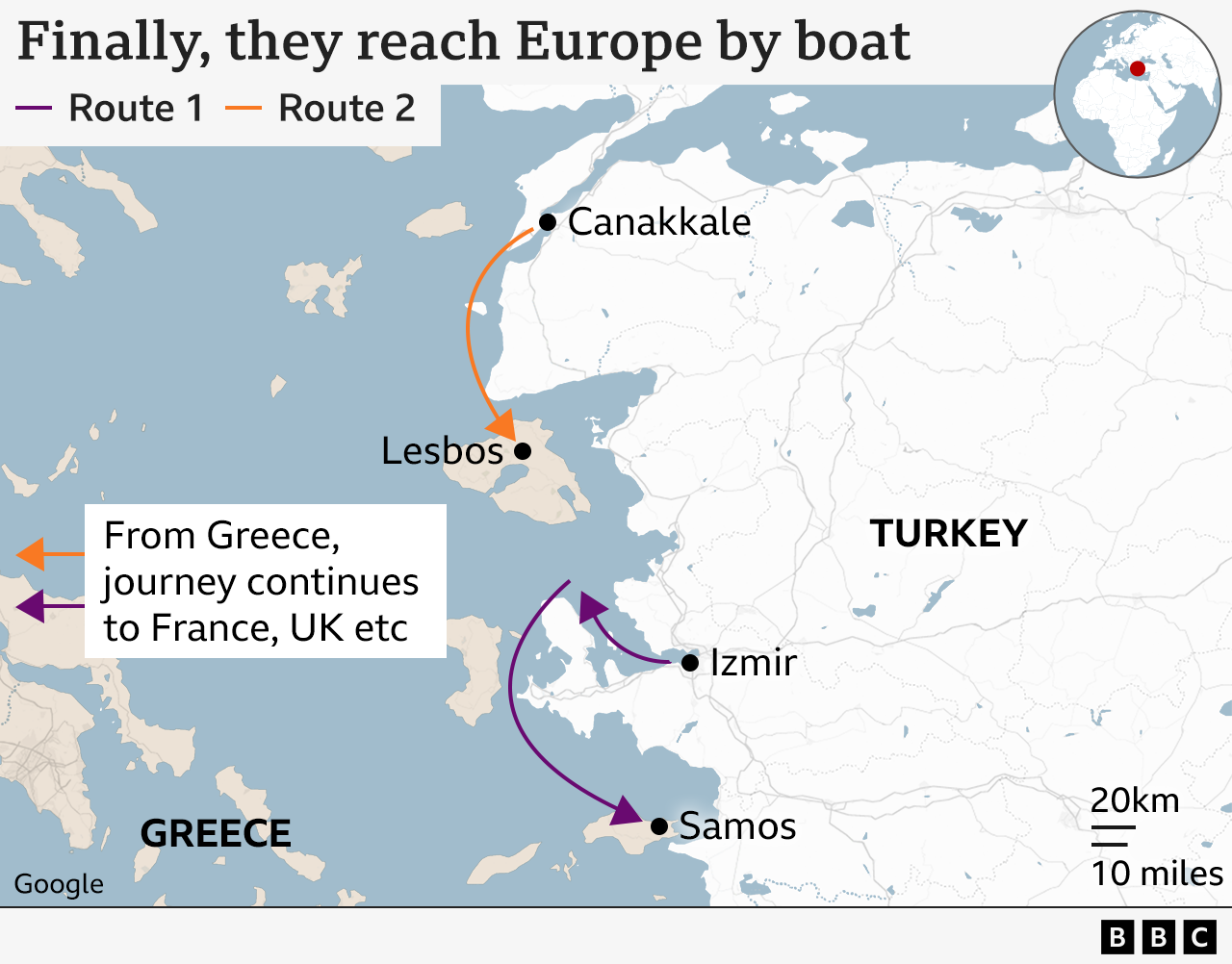 Map showing migrant route from Turkish coast to Greece