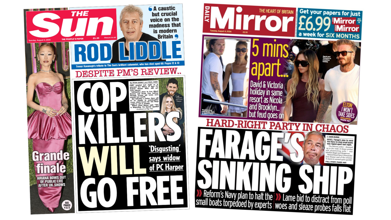 UK papers: 'Cop killers will go free' and 'Farage's sinking ship' — image supplied by BBC News's feed