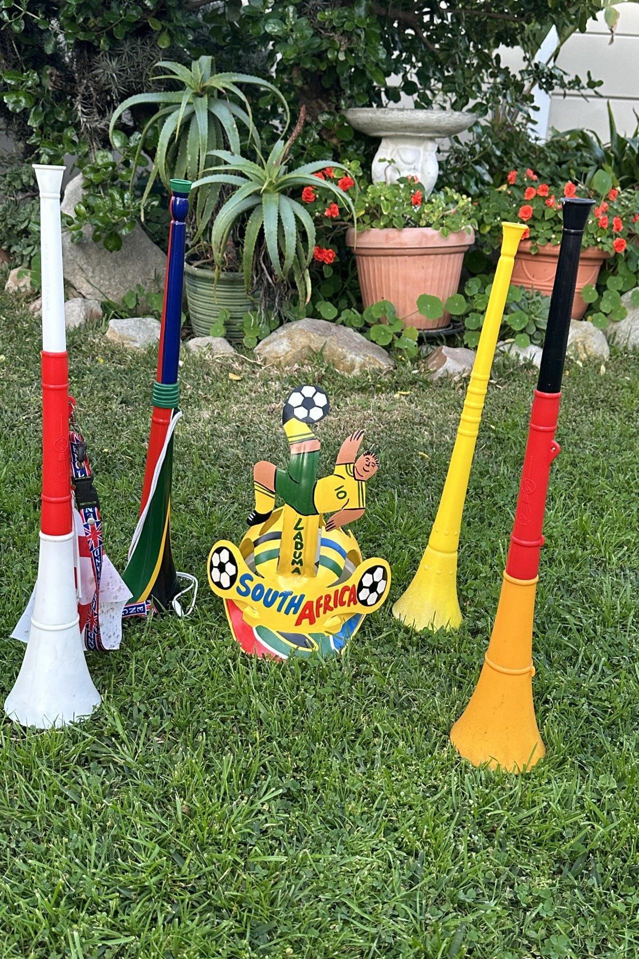 A miner's hard hat carved out of plastic and a few Vuvuzelas from South Africa's World Cup in 2010