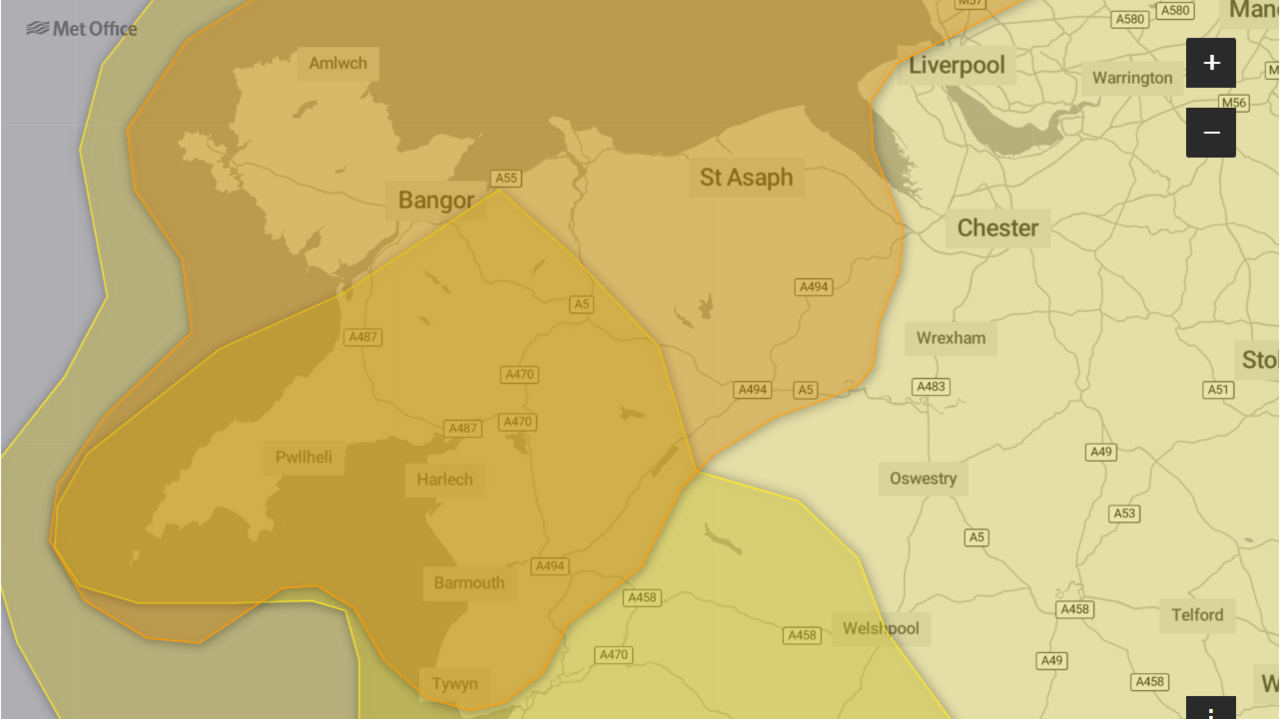 Aerial image of north Wales showing the scale of the amber weather warning. It stretches from the north down to Tywyn in the south.