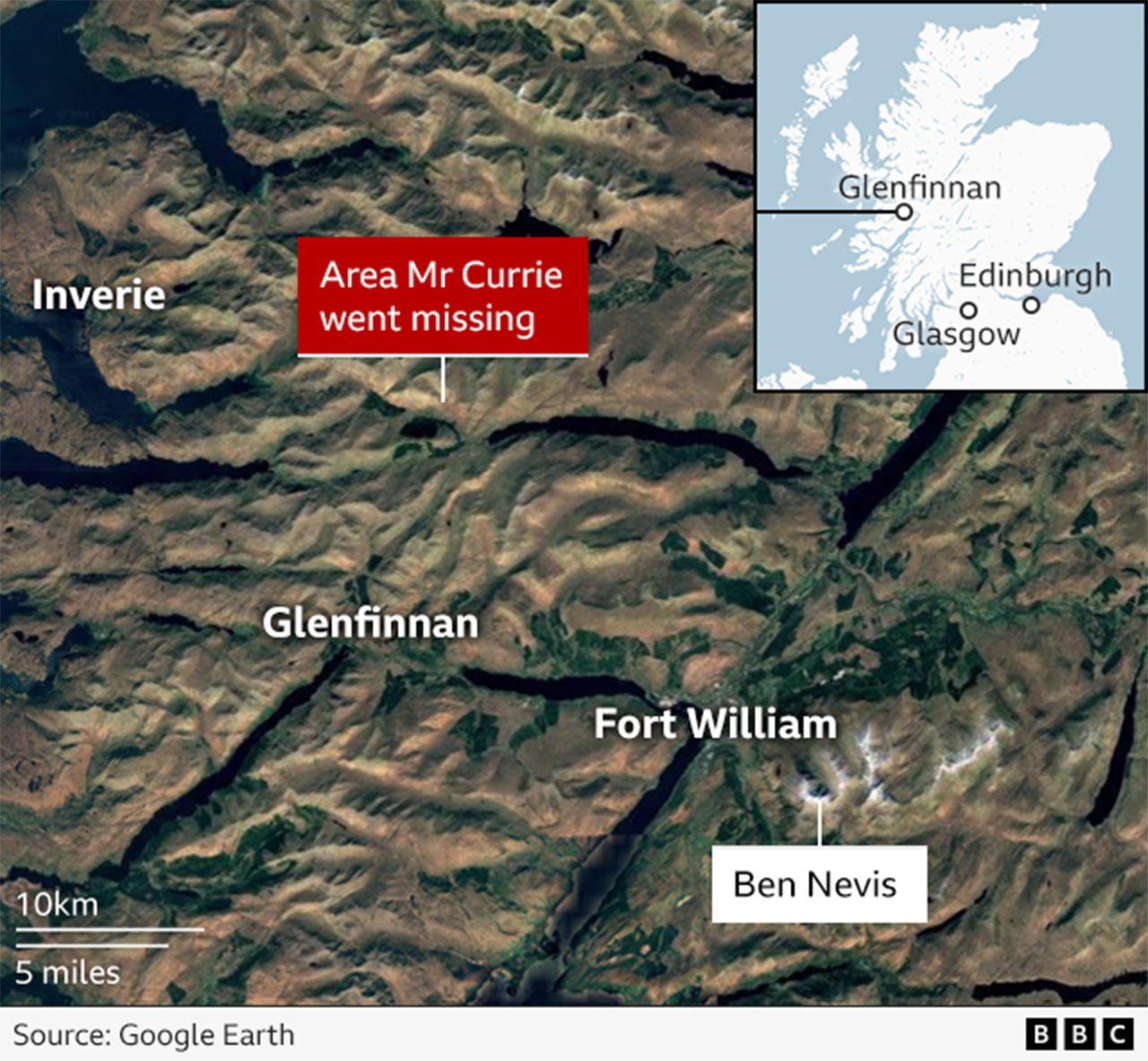 Map showing area Mr Currie went missing in relaton to Inverie, Glenfinnan and Fort William.