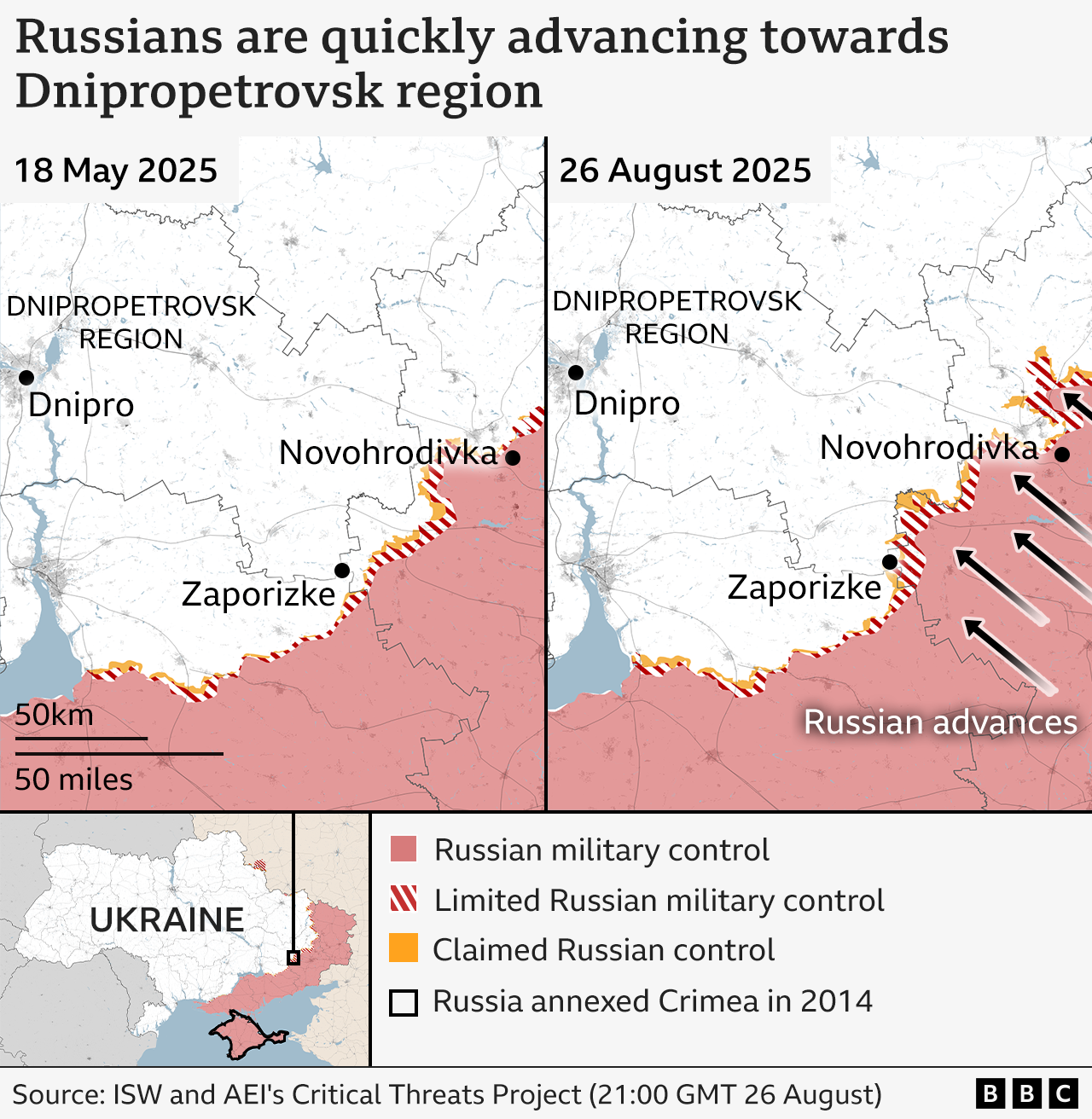 Maps showing how military control has changed in the Donestk region in Ukraine towards Dnipropetrovsk region from 18 May 2025 to 26 August 2025. It shows areas of Russian military control, limited Russian military control and claimed Russian control. It also shows the villages of Zaporizke and Novohrodivka, which the Russian military has occupied, and the regional capital Dnipro.