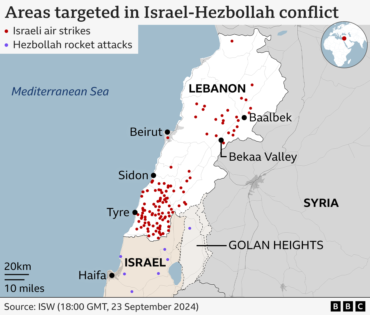 A map showing air and missile strikes in Lebanon and Israel 