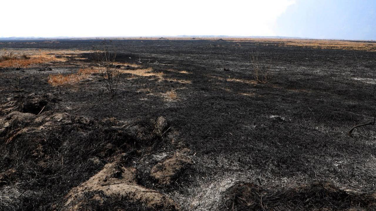 Wide expanses of Mount Bromo National Park completely blackened