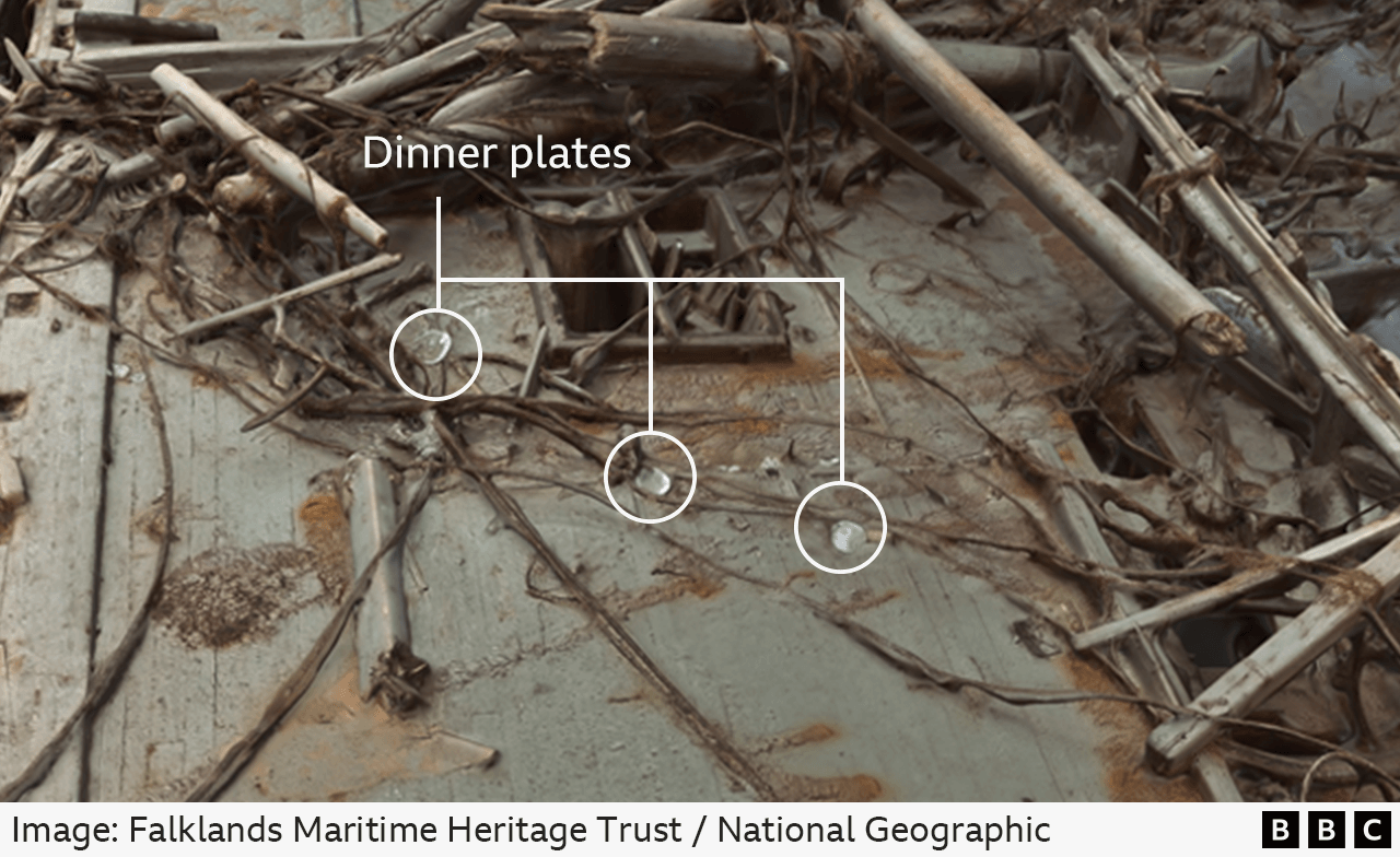 Small white plates lie among the wreckage. They are circled to show up better.