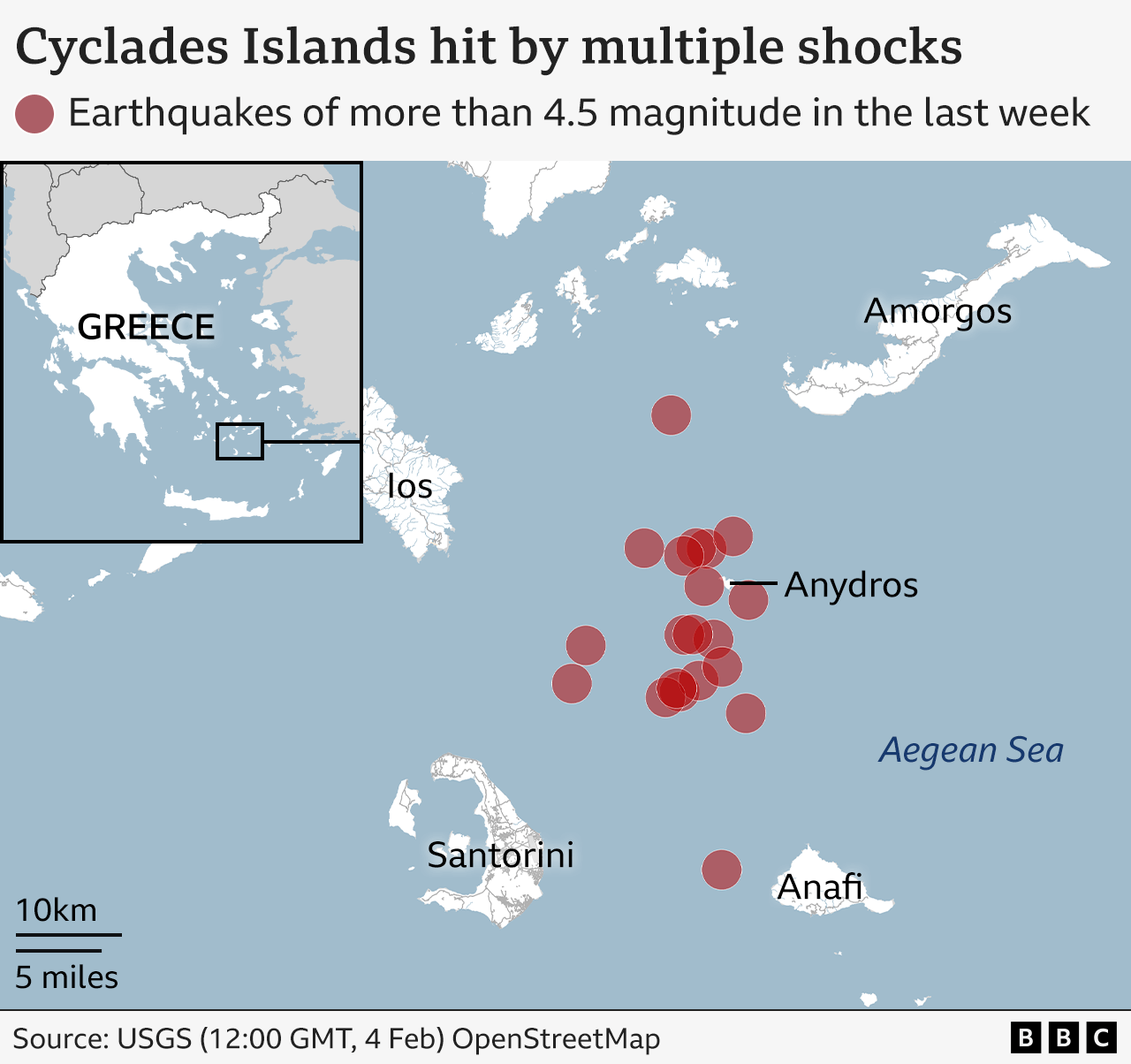 A map showing islands in the Aegean Sea, with Santorini, Anafi, Anydros, Amorgos and Ios labelled.