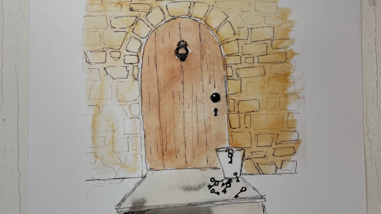 A painting of a closed wooden door in a stone wall with a bucket of keys on a step in front of it