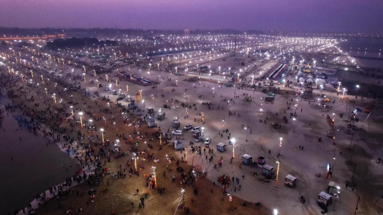 An aerial night view of the sprawling festival