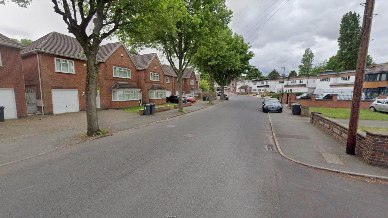 An image of a tree-lined road with houses on either side. There is a dark-coloured car parked in the distance.